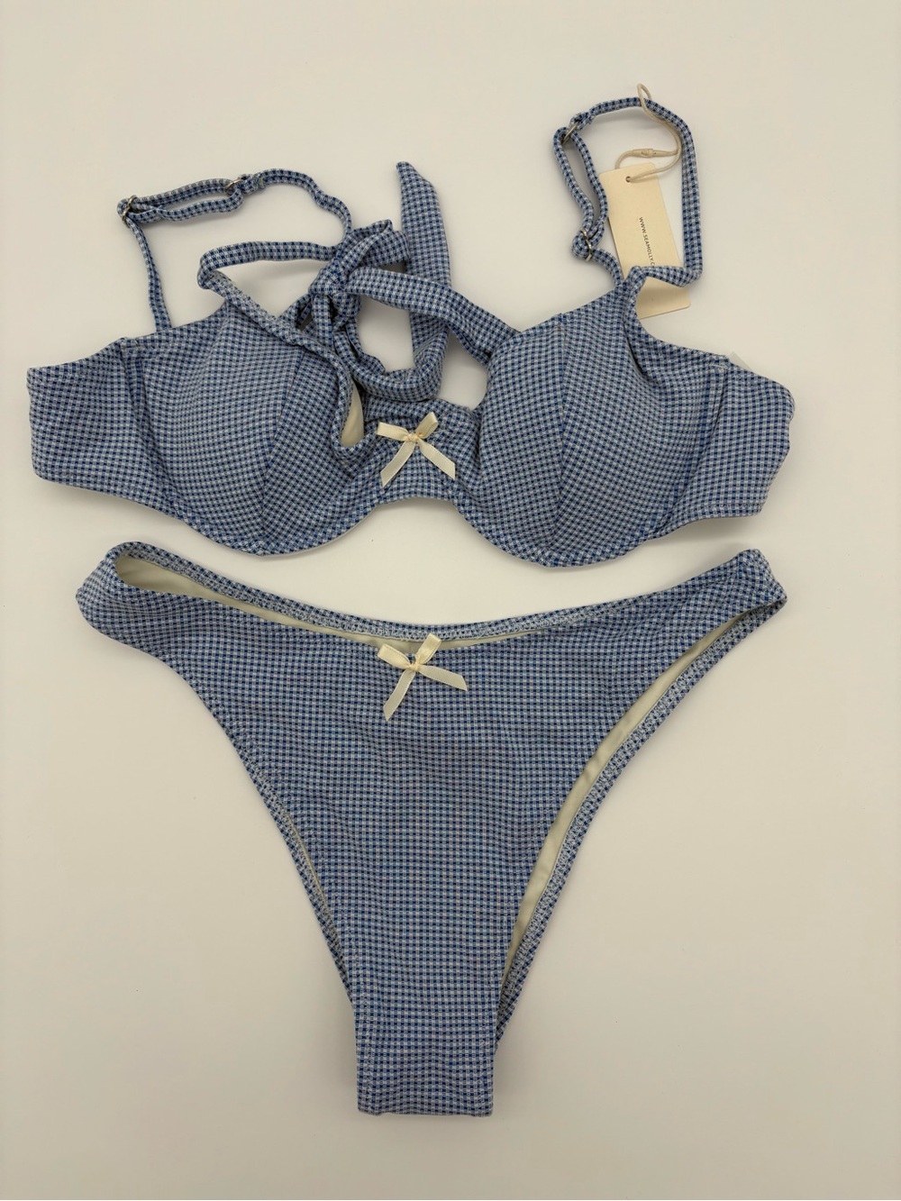 Blue Gingham Underwire Bikini Set with Cream Bow NWT